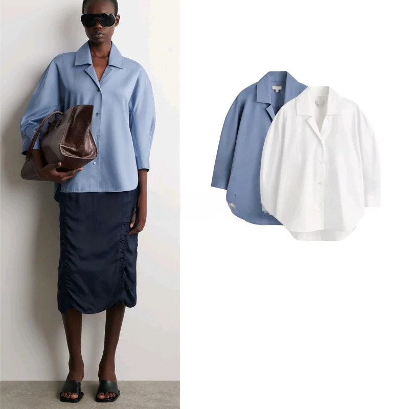 

Spring New Casual Style Button up Shirt Women's Loose Fit Seven Quarter Sleeve Half Open Collar Polyester Fiber Skin Friendly