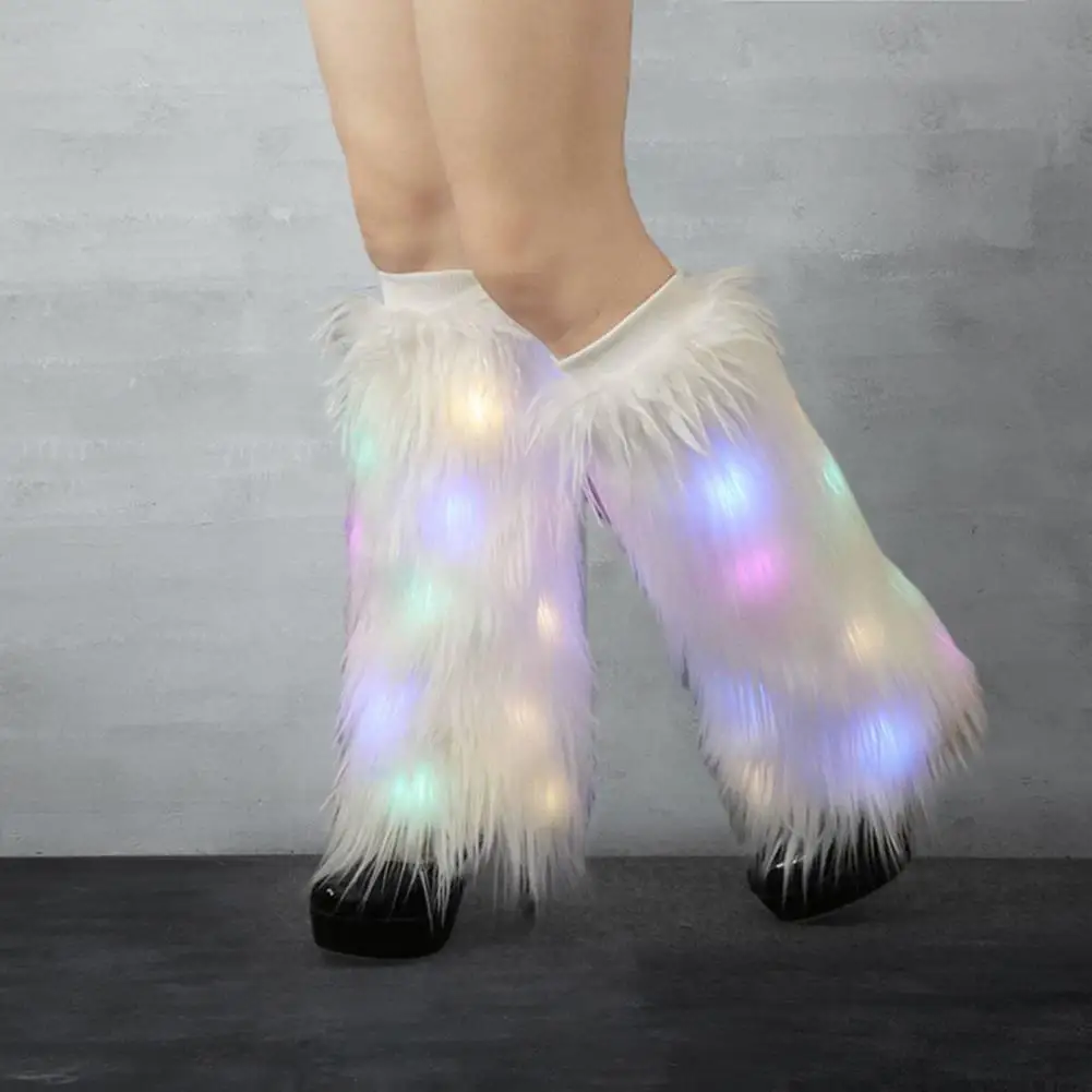 Imitation Fur Leg Warmers For Women Neon Rave Led Fluffy 80s Sexy Furry Light Up Leggings Girls Boot Calf Covers Christmas Costu