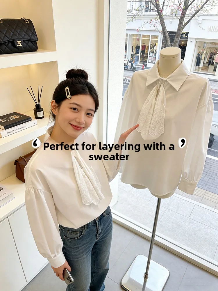 

Элегантная кружевная белая женская рубашка с рукавами-фонариками для весны и осени, тонкий многослойный свитер, базовая рубашка для ношения под одеждой, зима