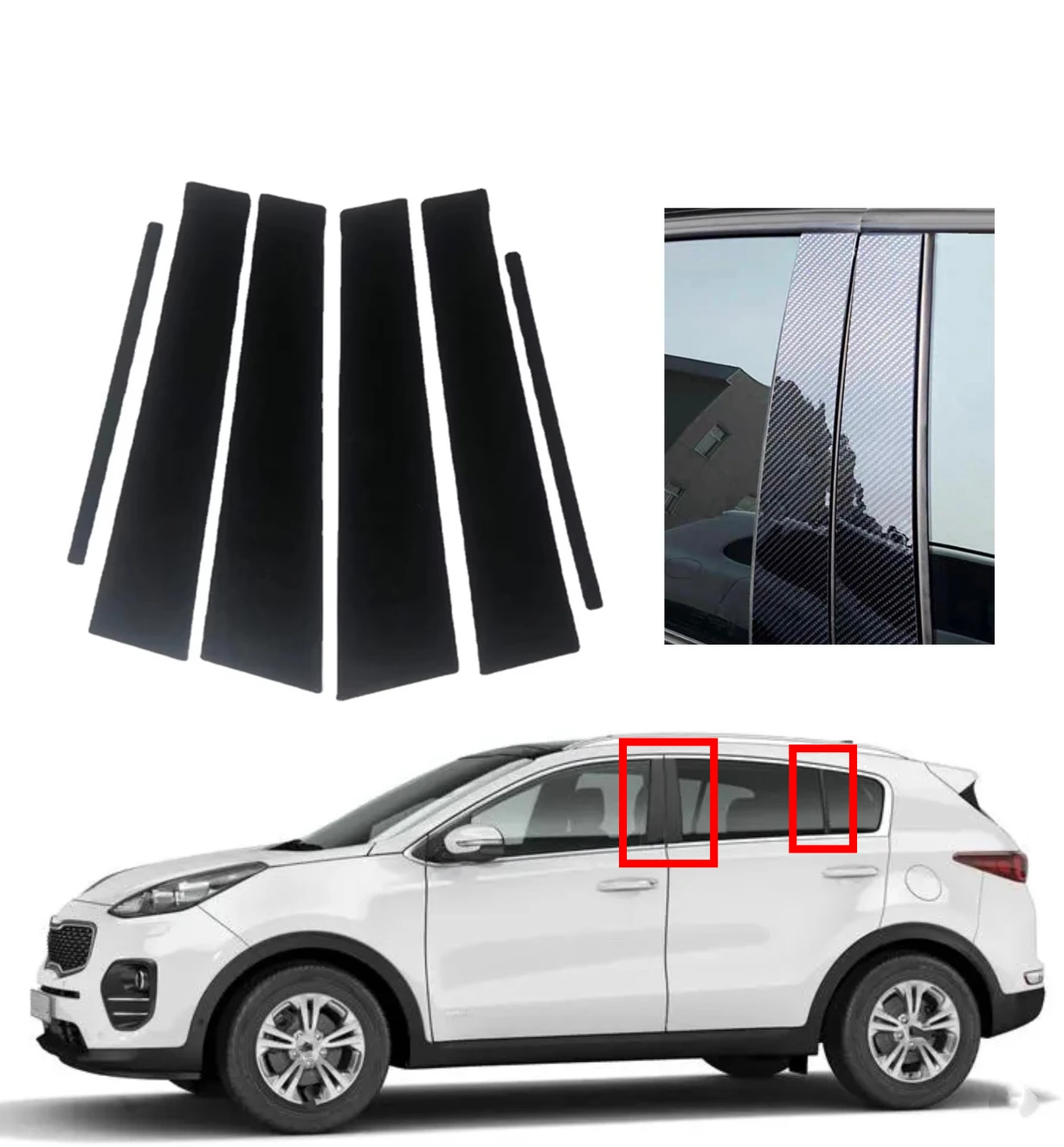 

Fit For Kia Sportage 2011 2012 2013 2014 2015 2016 6PCS Silver Carbon Gloss Black Pillar Posts Door Window Cover Trims Stickers