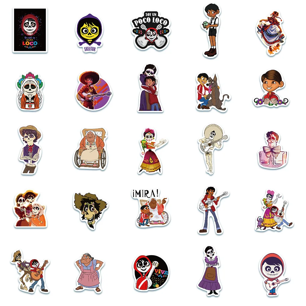 10/30/50pcs Disney Movies Coco Stickers Kawaii Miguel Cartoon Sticker Scrapbooking Suitcase Guitar Laptop Kid Anime Decals Toys