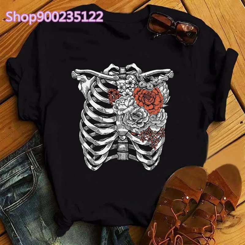 Skelton Tshirt Women print black Harajuku T-shirt Ladies short sleeve aesthetic tee shirts casual hip-hop summer funny tops