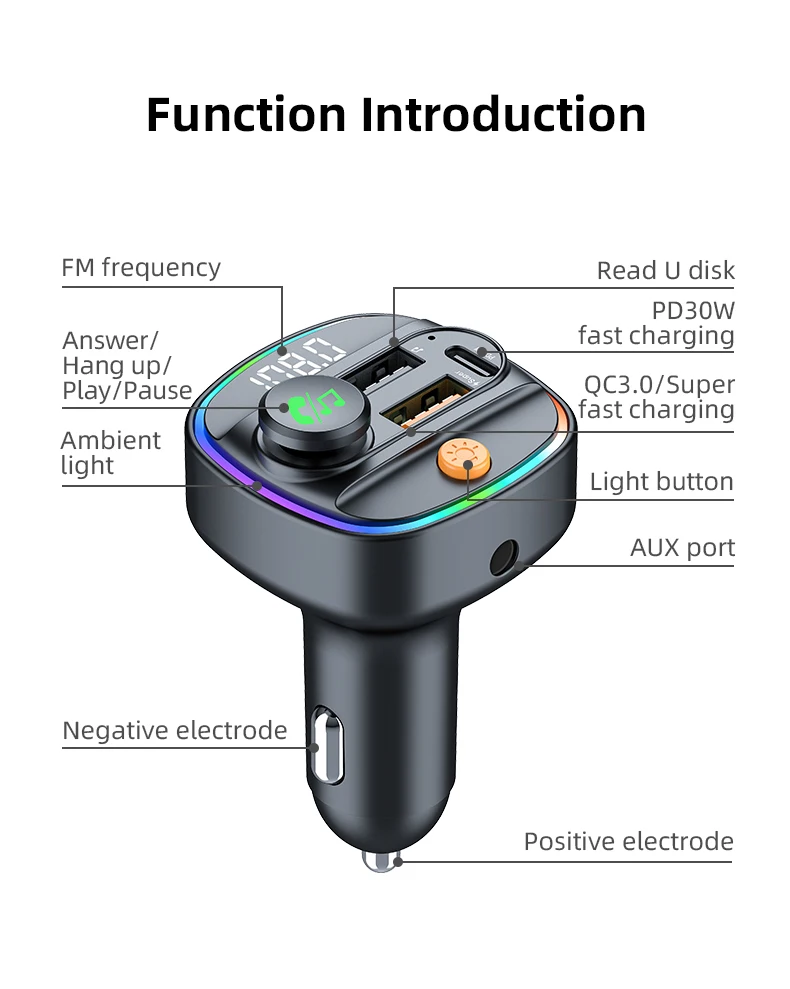 Bluetooth 5.4 FM-Transmitter, Freisprecheinrichtung, Auto-AUX-Radio-Modulator, MP3-Player mit 22,5 W und PD30 W Schnellladeadapter, Autozubehör – Detail 13