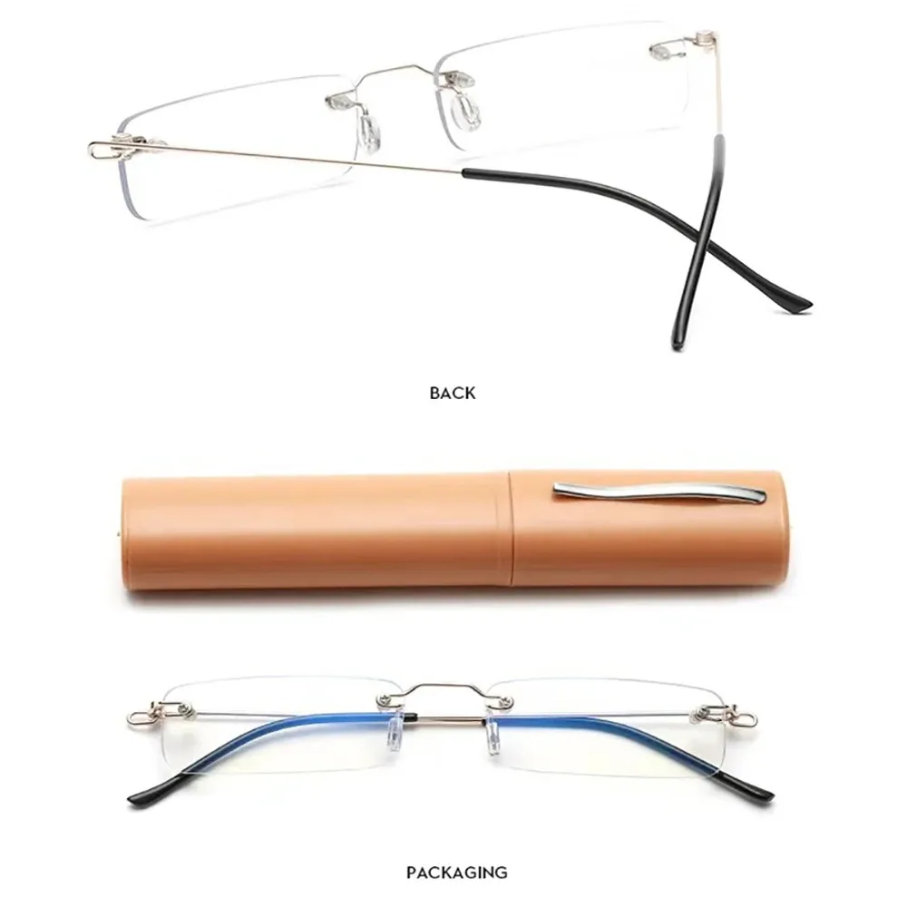 Anti-Blau Randlose Lesebrille Quadratische Metall Presbyopie Brillen Mit Fall Brillen männer Gläser Für Anblick Plus + 4 – Detail 3