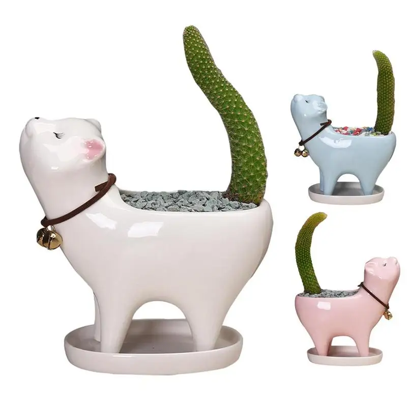 Ceramic Flower Pot Cute Cat Shape Garden Pots With Bell Succulent Planter Plant Container Sweet Home Decor For Living Room