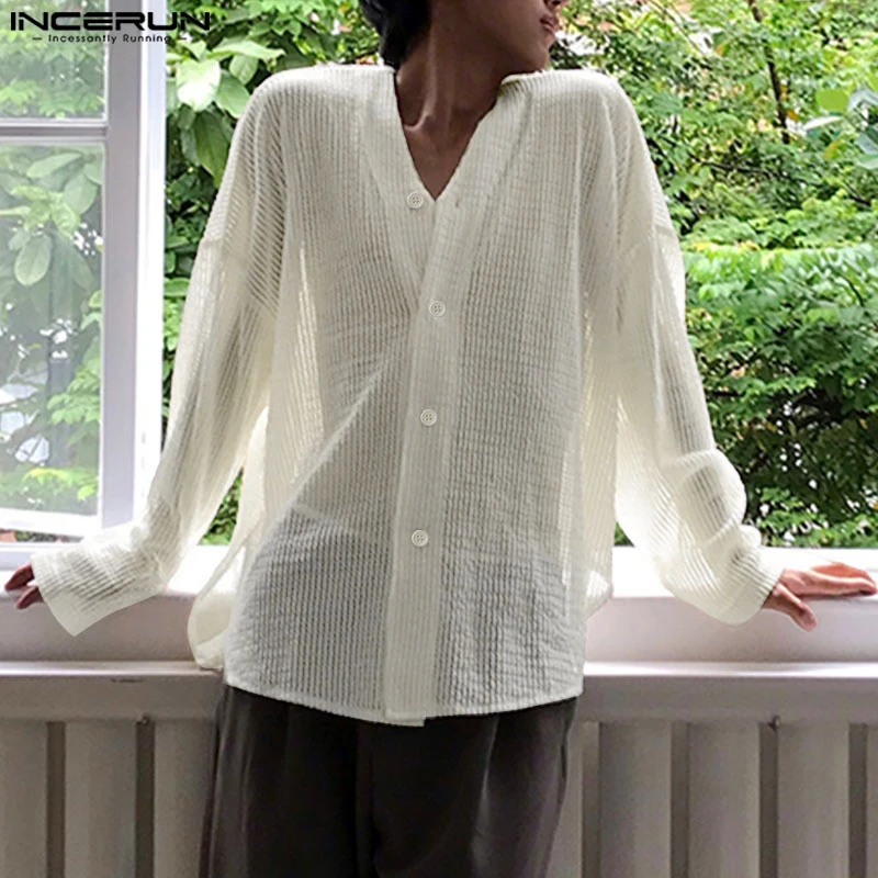

INCERUN Men Shirt Hollow Out See Through V Neck Long Sleeve Men Clothing Streetwear Solid 2025 Loose Tops Casual Male Shirts