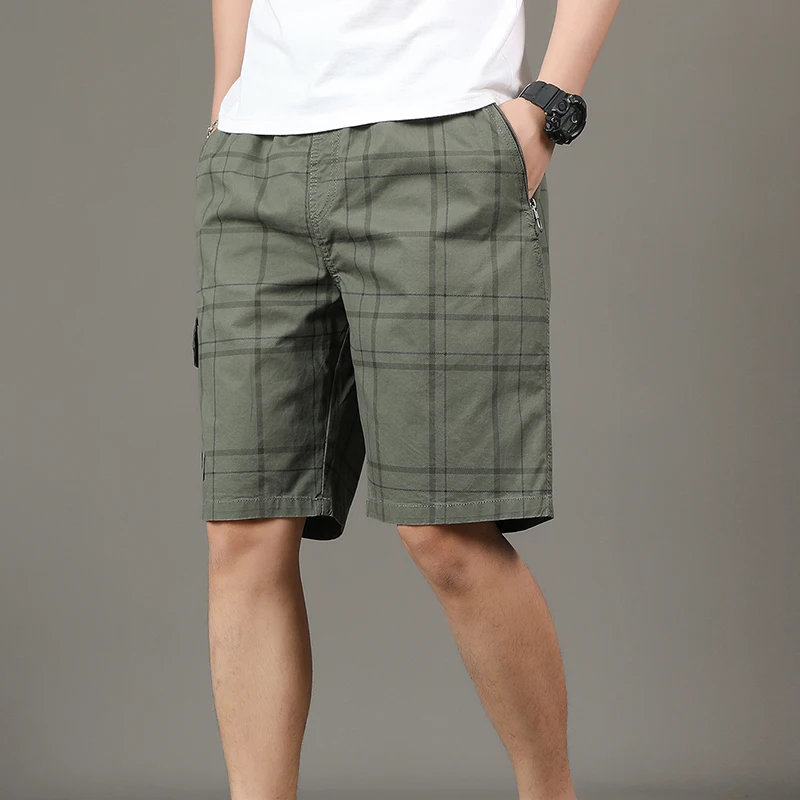 Summer Clothing Men\'s Solid Color Zipper Pockets High Waist Elastic Straight Cargo Knee Pants Boyfriend Office Lady Shorts