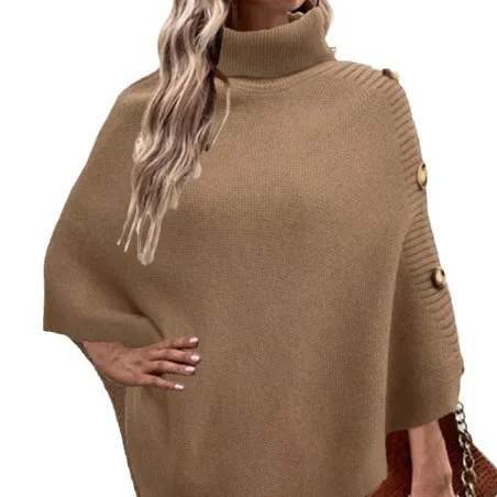 Jersey de punto asimétrico sin mangas con botones laterales y cuello de tortuga para mujer, suéter de capa cálido y pesado para invierno