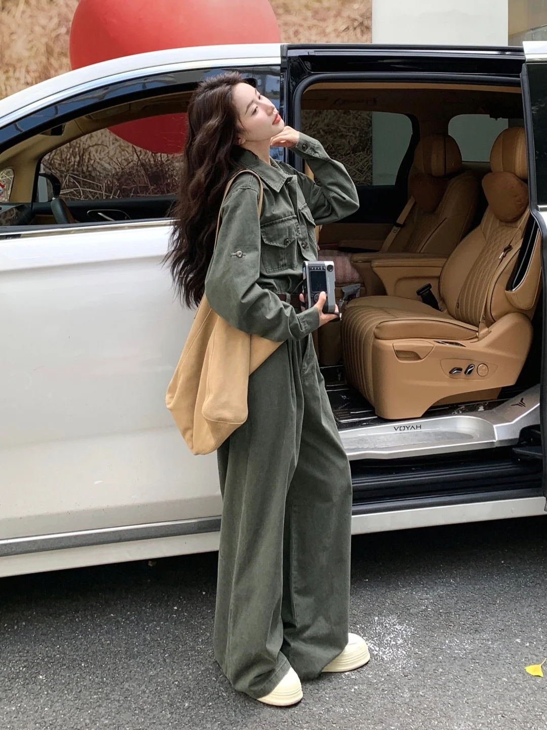 

Женский комбинезон Ele Military: модный, с высокой талией, длинные брюки, корейский стиль, для ранней осени и весны, трендовый