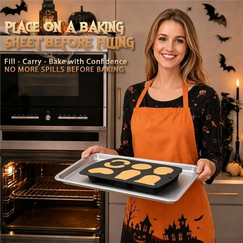 Skull Cake Pizza Baking Mold 6 Pieces Halloween Silicone Pan Eyeball, Fangs Tombstone, Coffin& Brain Spooky Shapes-N37R