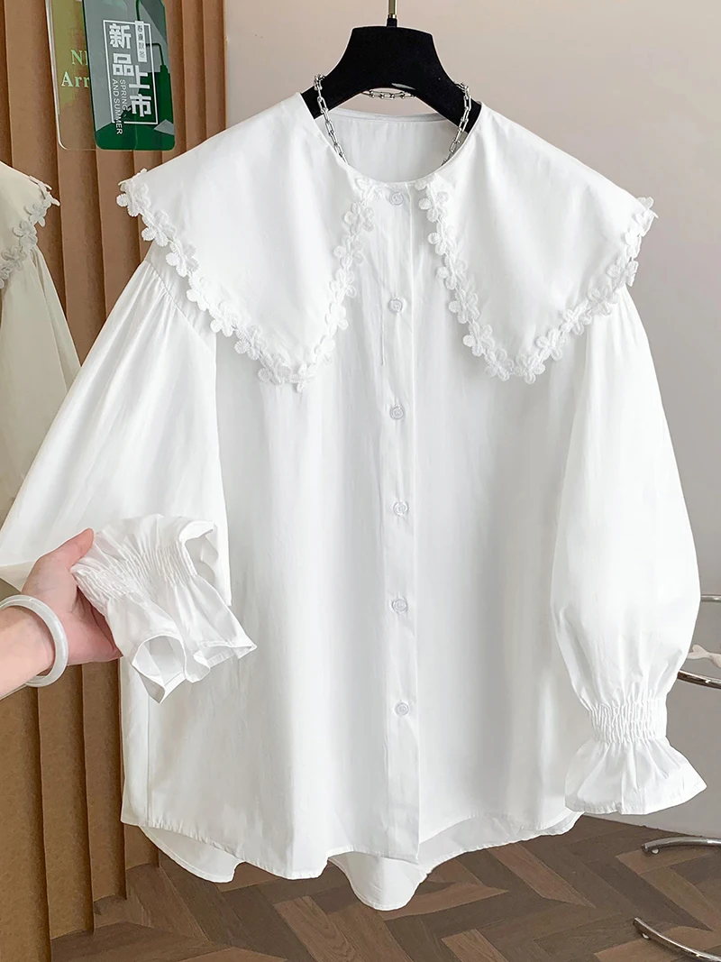 

Women Shirts Solid Lantern Long Sleeve Peter Pan Collar Fashion Tops Retro Female Blouse Simple Leisure All-match Top