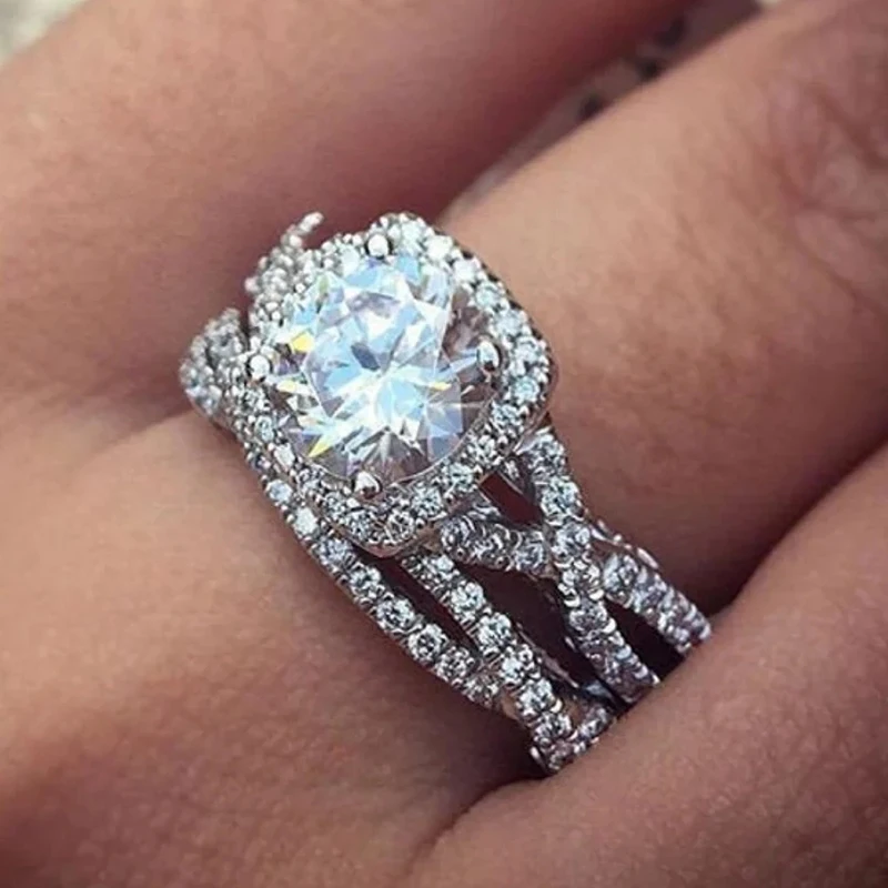 Huitan 2 teile/satz Temperament Frauen Ringe aaa Zirkonia funkelnde Hochzeit engagieren Party Silber