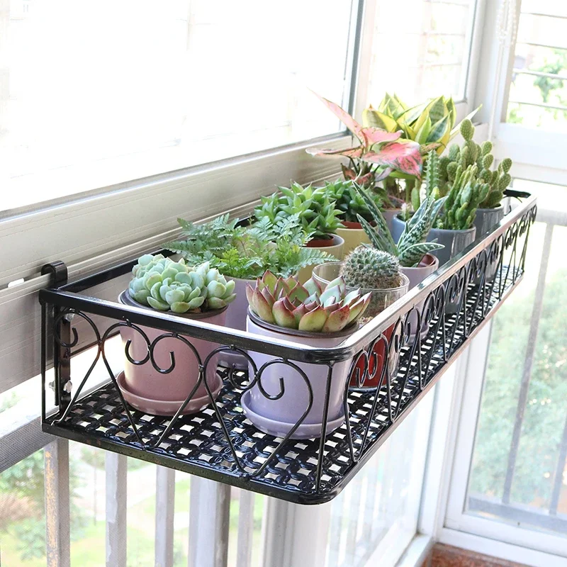 Window Sill Storage Flower Rack Balcony Hanging Plant Shelf Wrought Iron Railing Flower Pot Stand Railing Flower Pot Stand