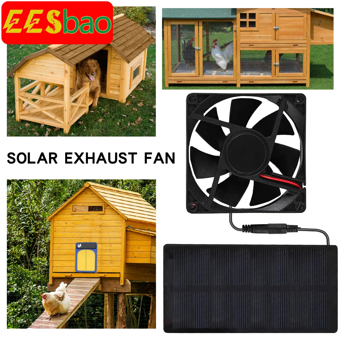 EESBAO Mini Solar Exhaust Fan Chicken Coop / Kennel and Utility Room Automatic Temperature Control Low Noise Green Energy Saving