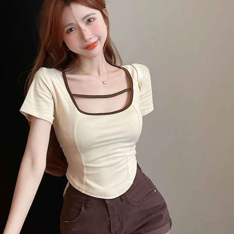 Summer Hollow Out O Neck Short Sleeve Women T Shirts Fashion Slim Fit Sweet Spicy Girls Cropped Tops Tee Sports Photograph Black