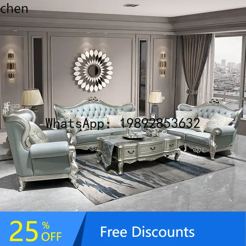 

light luxury leather sofa solid wood first layer cowhide villa living room furniture combination high-end