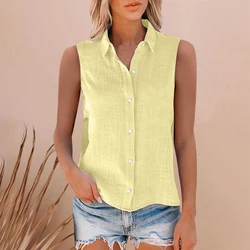 Office Lady Casual Shirts Commuter Single-breasted Lapel Shirt Tops Blouses Solid Color Sleeveless Tank Tops Summer Streetwear