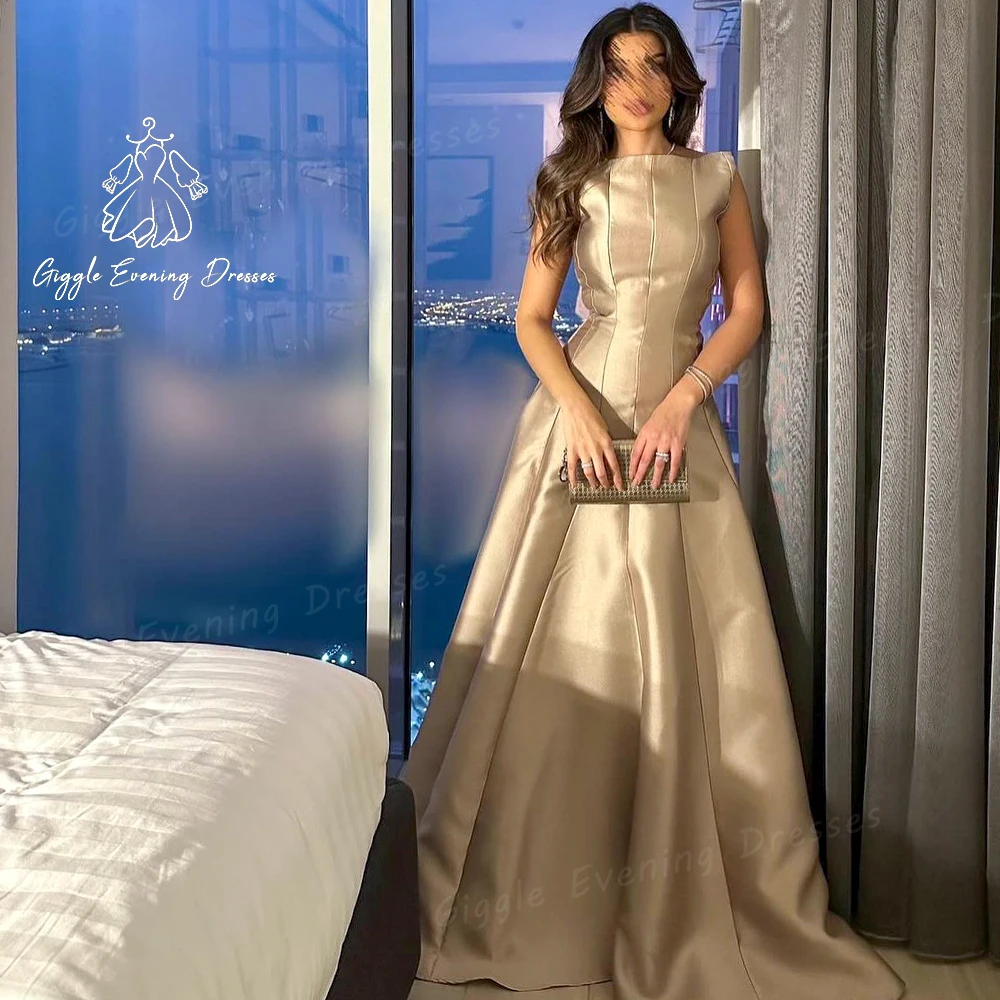 Giggle O-Neck Sleeveless Arabia Satin elegant party Gown woman 2024 Floor-Length Draped A-Line Evening dresses فساتين سهرة