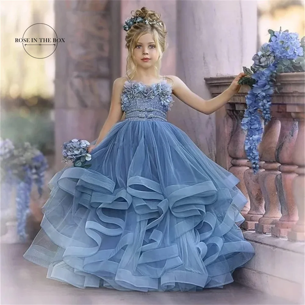 Luxury Dusty Blue Flower Girl Dresses Princess Spaghetti Straps Ball Gown Kids Birthday Party Gown For Prom Pageant