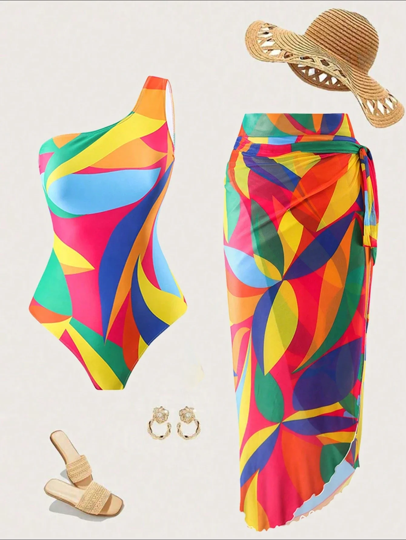 

Женский купальник-монокини на одно плечо с юбкой-шортиками на завязках спереди