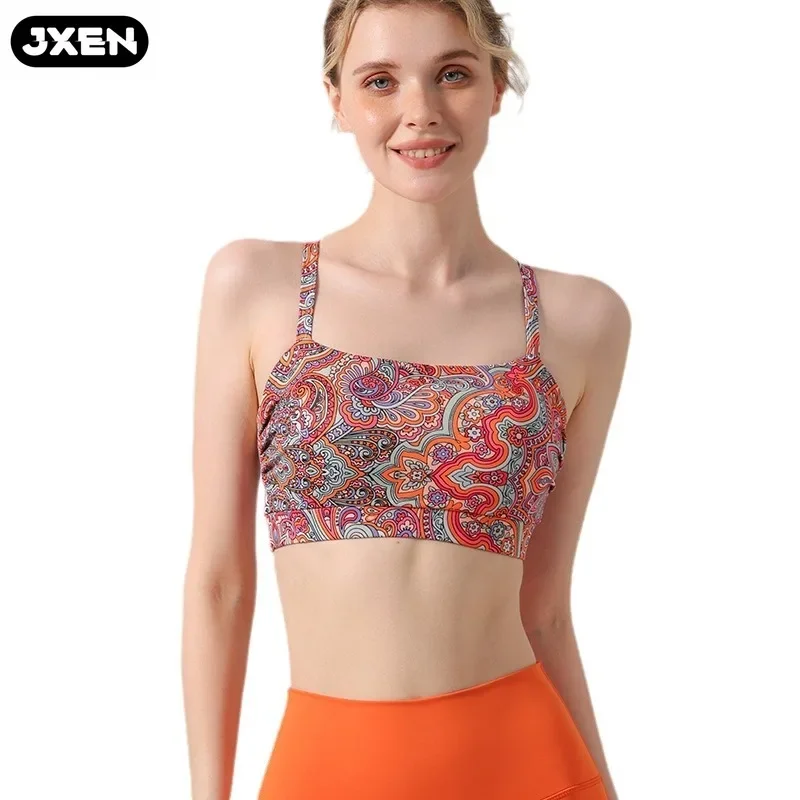 Terno de ioga impresso JXEN para mulheres, crop top, à prova de choque, beleza sutiã pad, esporte