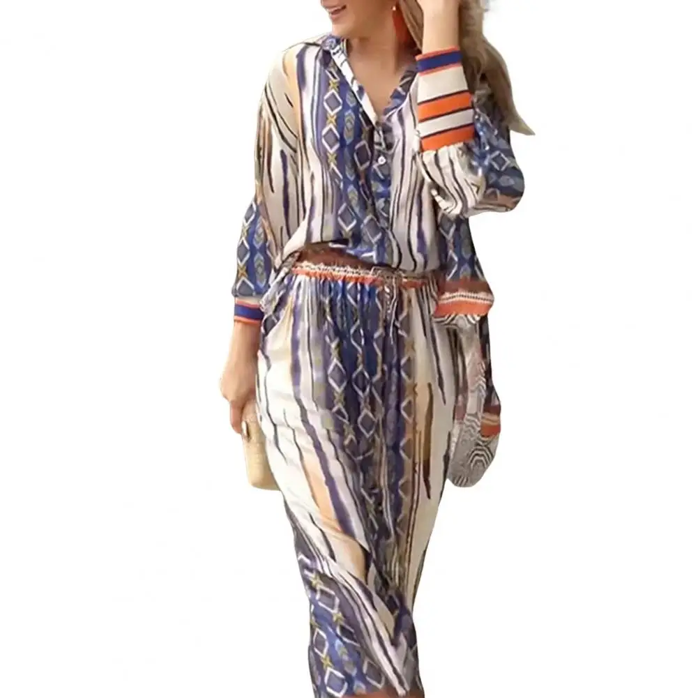 Shirt Pants Set Bohemian Beach Outfit Set with Long Sleeve Shirt Wide Leg Striped Trousers for Women Chic Stylish Summer