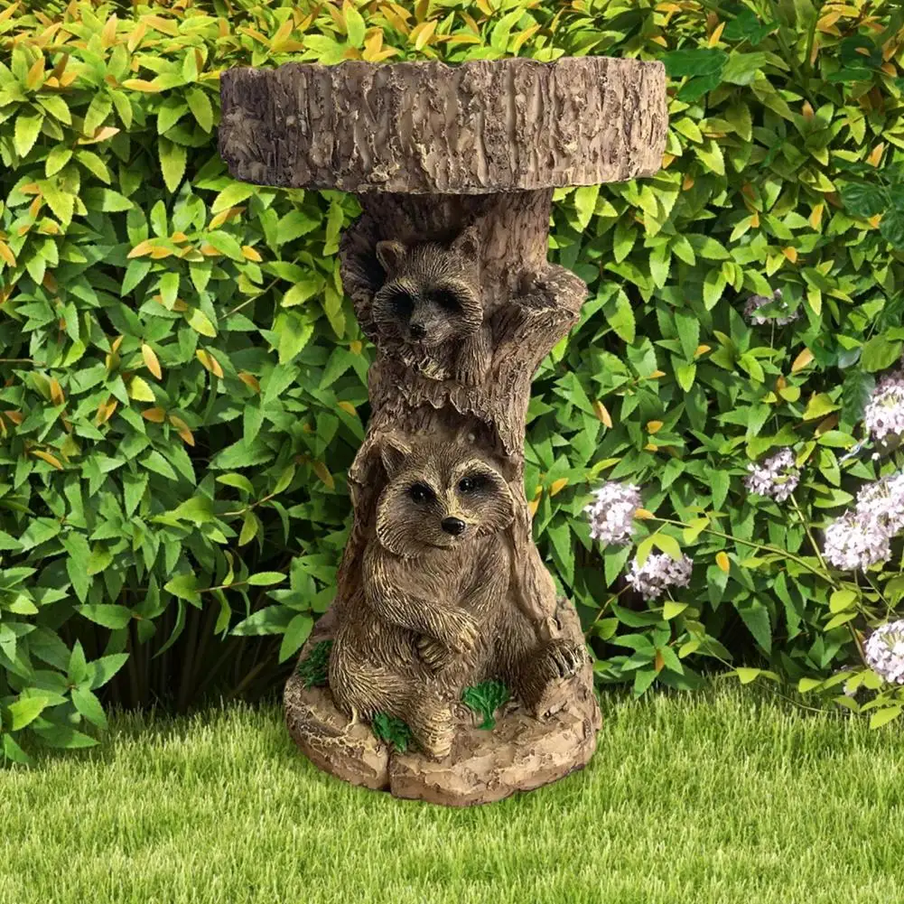 Resin Bird Bath Garden Bird Bath Weather-proof Raccoon Bird Bath Outdoor Yard Patio Lawn Birdbath Bowl Water Feeder Resin Statue