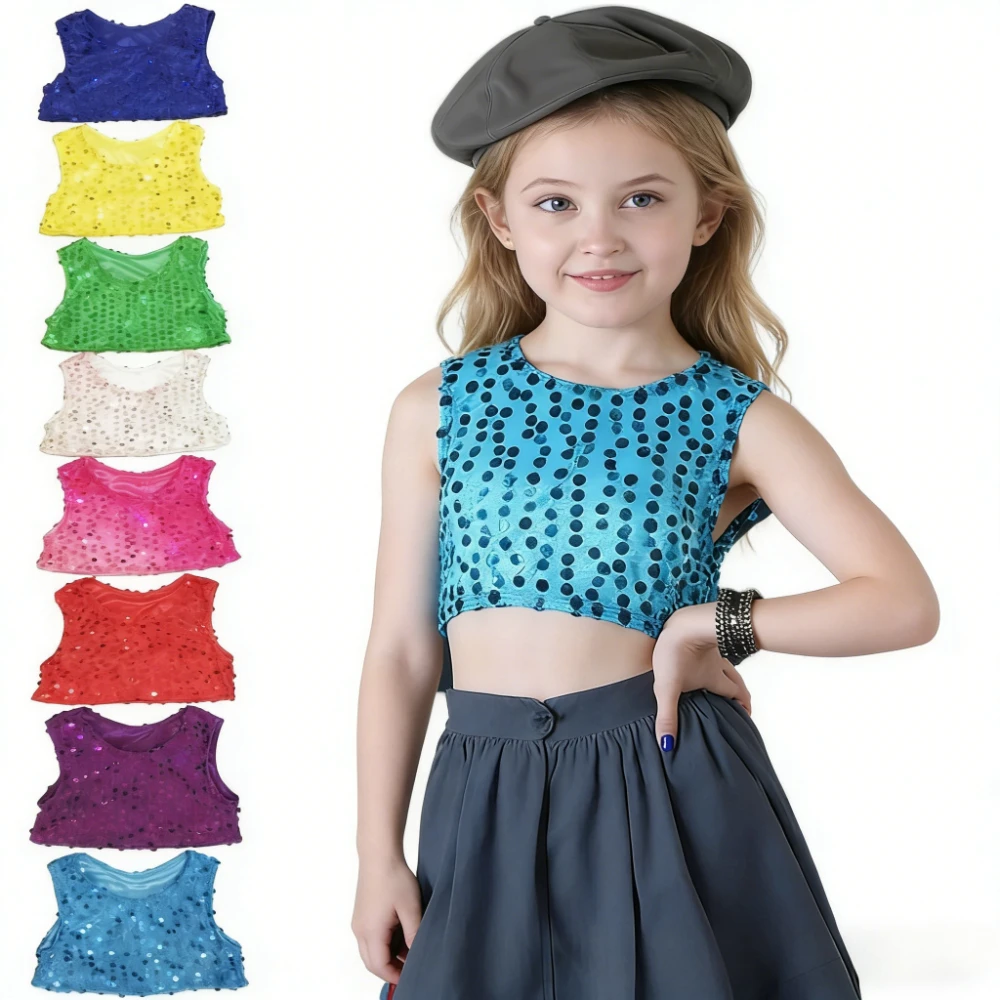 

Детский танцевальный топ для девочек в стиле хип-хоп и джаз, блестящий, с пайетками, без рукавов, майка-камизоль для выступлений на сцене, танцевальная одежда