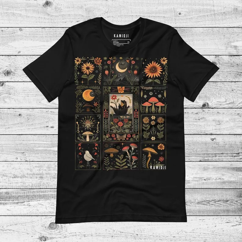 

Футболка «Причудливая лягушка» — рубашка с грибами Cottagecore, футболка Celestial Goblincore, альтернативная футболка унисекс в стиле пэчворк