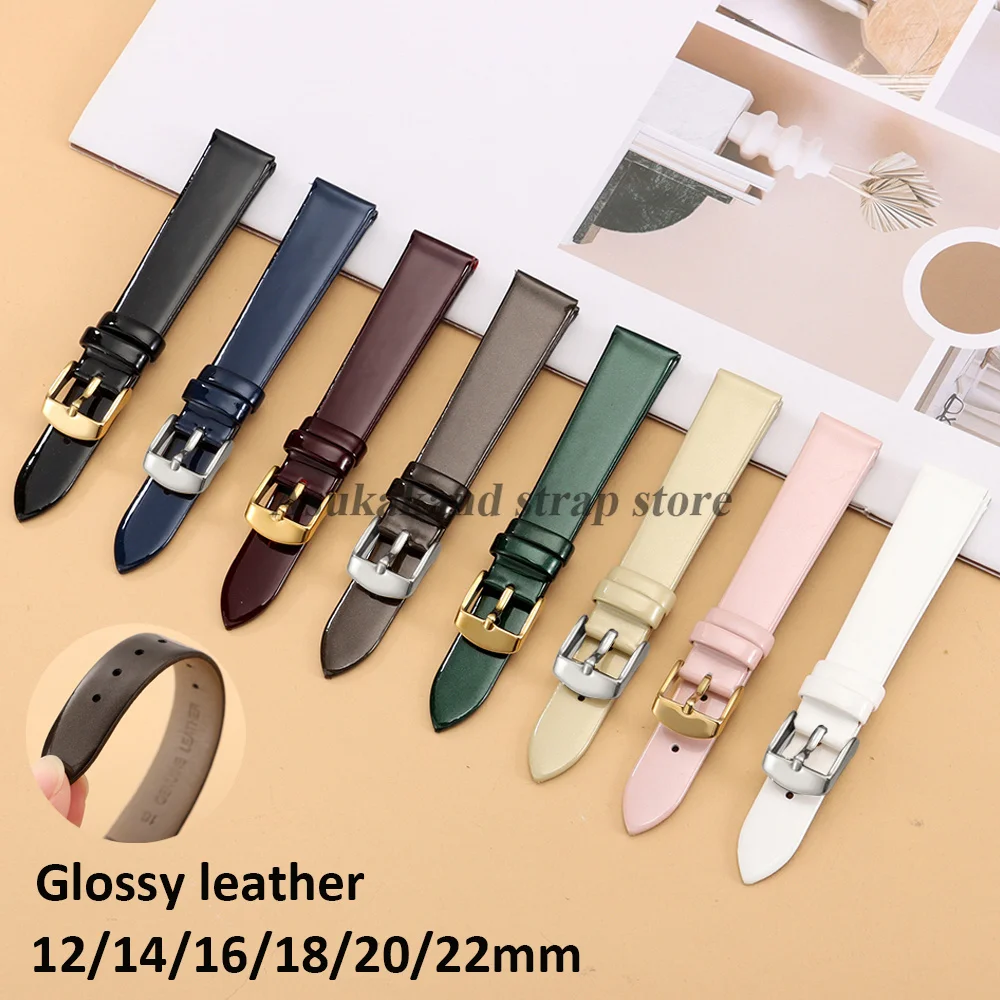12 14mm 16mm 18mm 20mm 22mm Glossy Leather Watchband for DW for Omega Bracelet Silver Gold Pin Buckle Sport Men Women Watchstrap