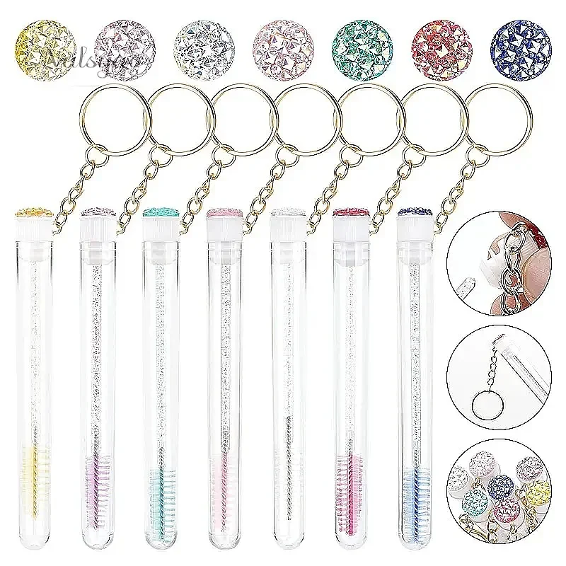 10 Pcs Tube Eyelash Brush with Gold Keychain Glitter Mascara Wand Lash Extension Micro Comb Container Makeup