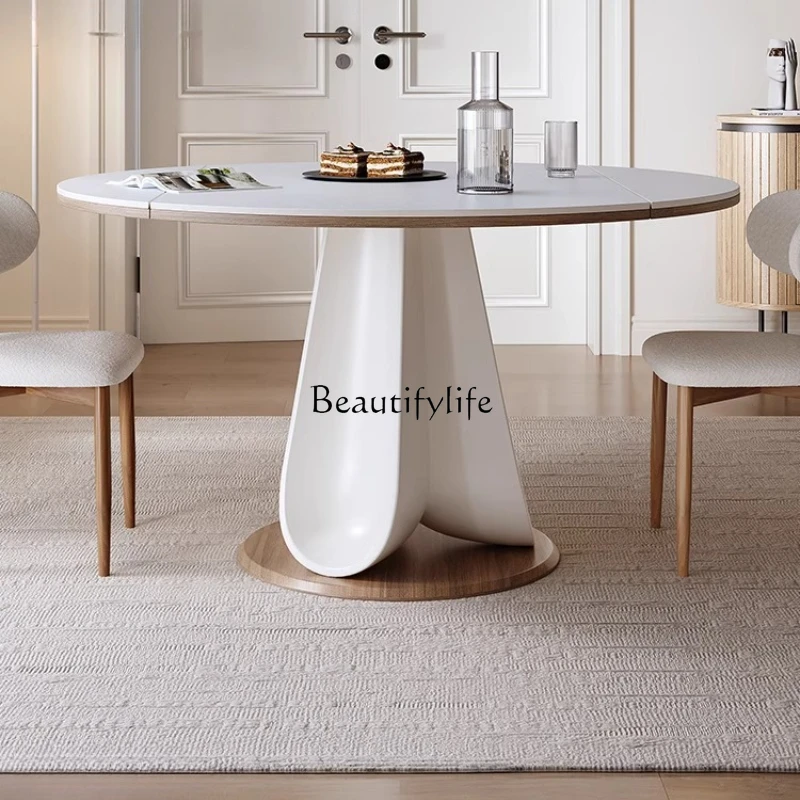 

French cream wind rock slab dining table household retractable square and round dual-purpose variable round table