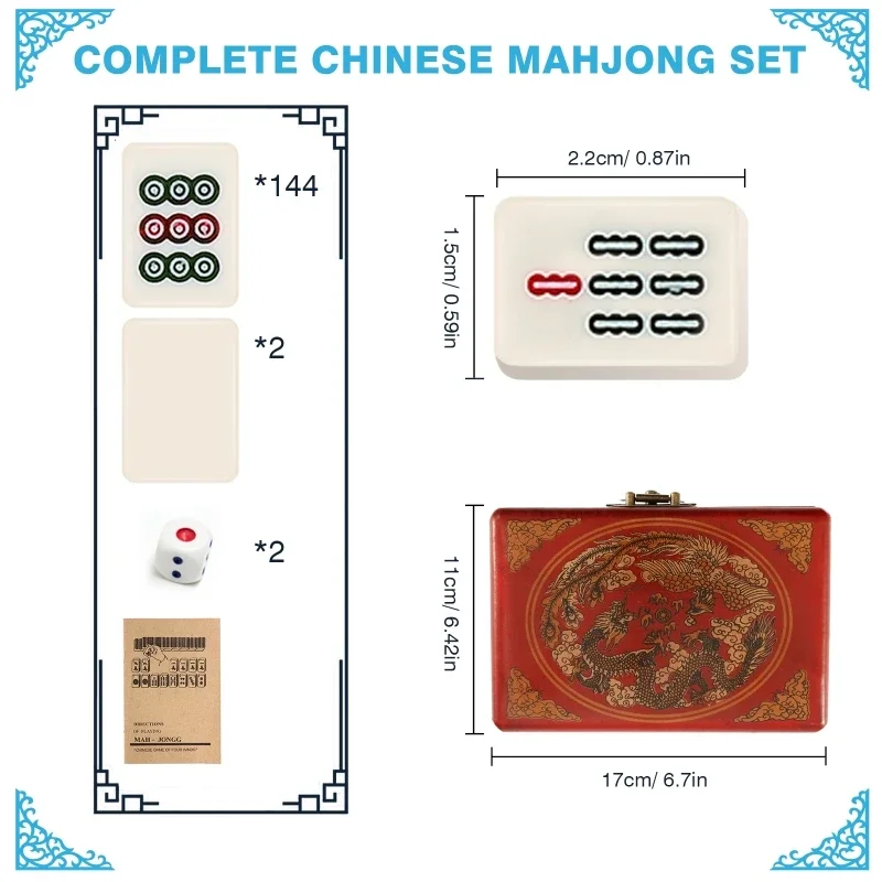 144 Tiles Vintage Mahjong Rare Chinese Mah-Jong Set Chinese Numbered Mahjong Set Portable Carving Travel Mahjong with Color Box