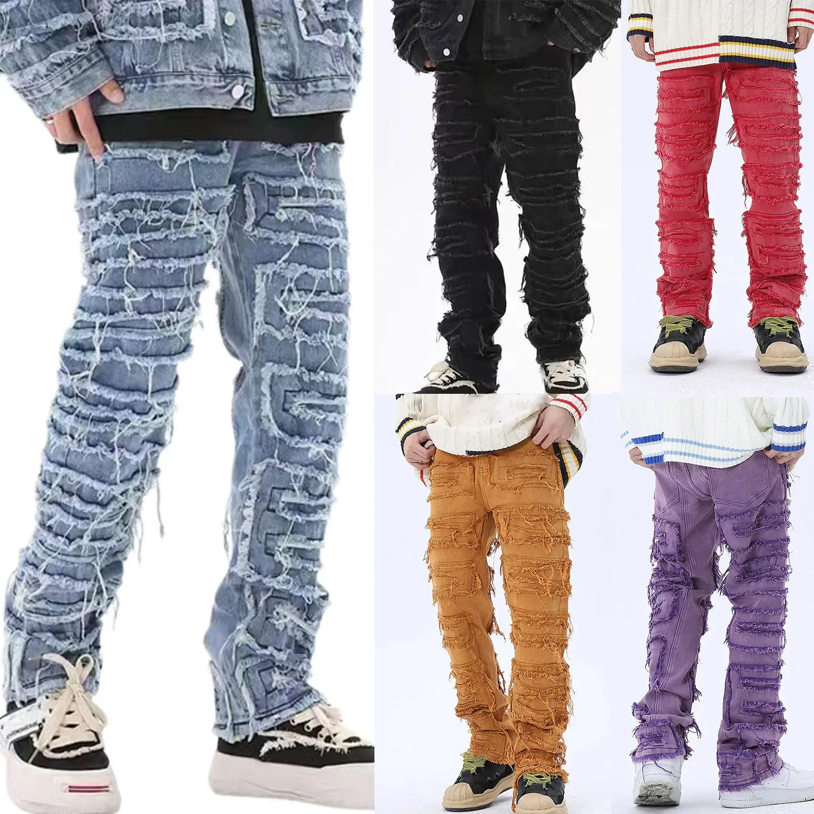 Men's Skinny Jeans Fringe Hip-hop Edge Elastic Patch Punk Rock Long Tight Fit Stacked Jeans Denim Pants Blue Pink Streetwear