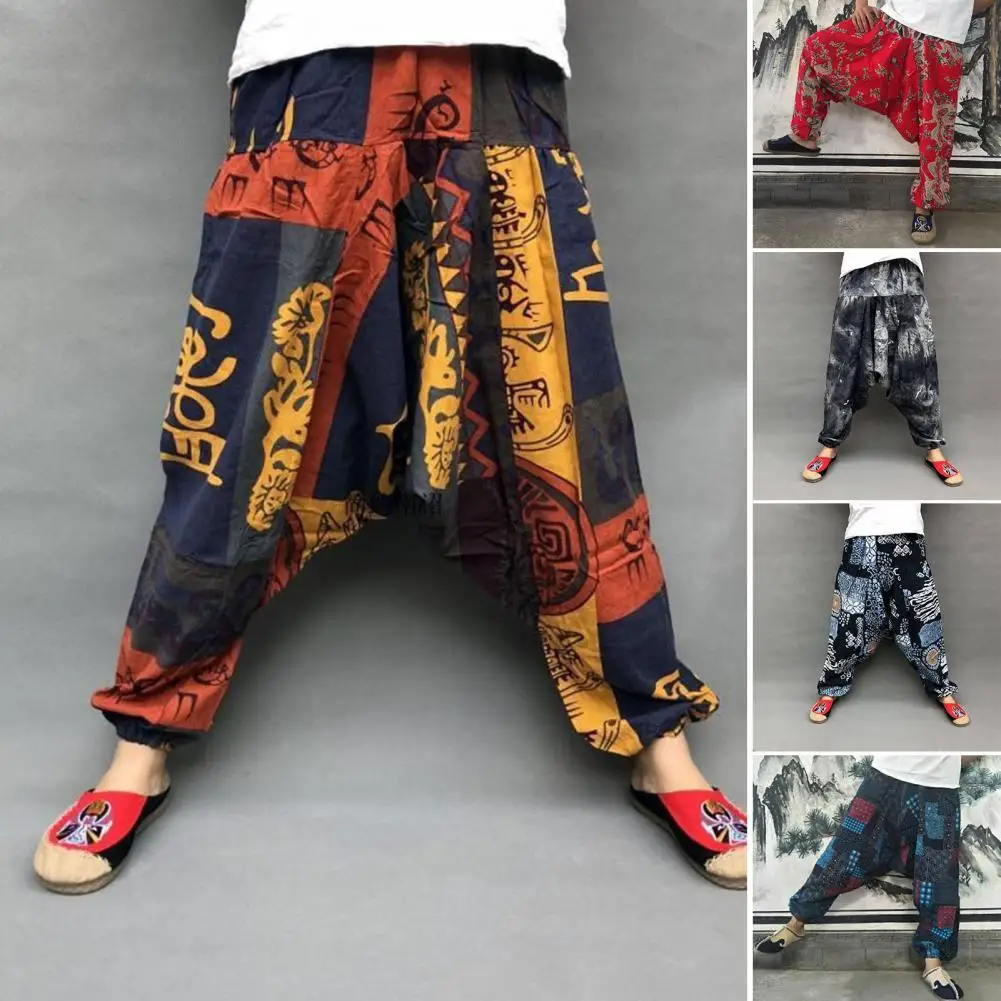 Men Pants Print Loose Vintage Ethnic Deep Crotch Dance Elastic Waist Ankle-banded Women Bloomers Hip Hop Joggers Male Clothing