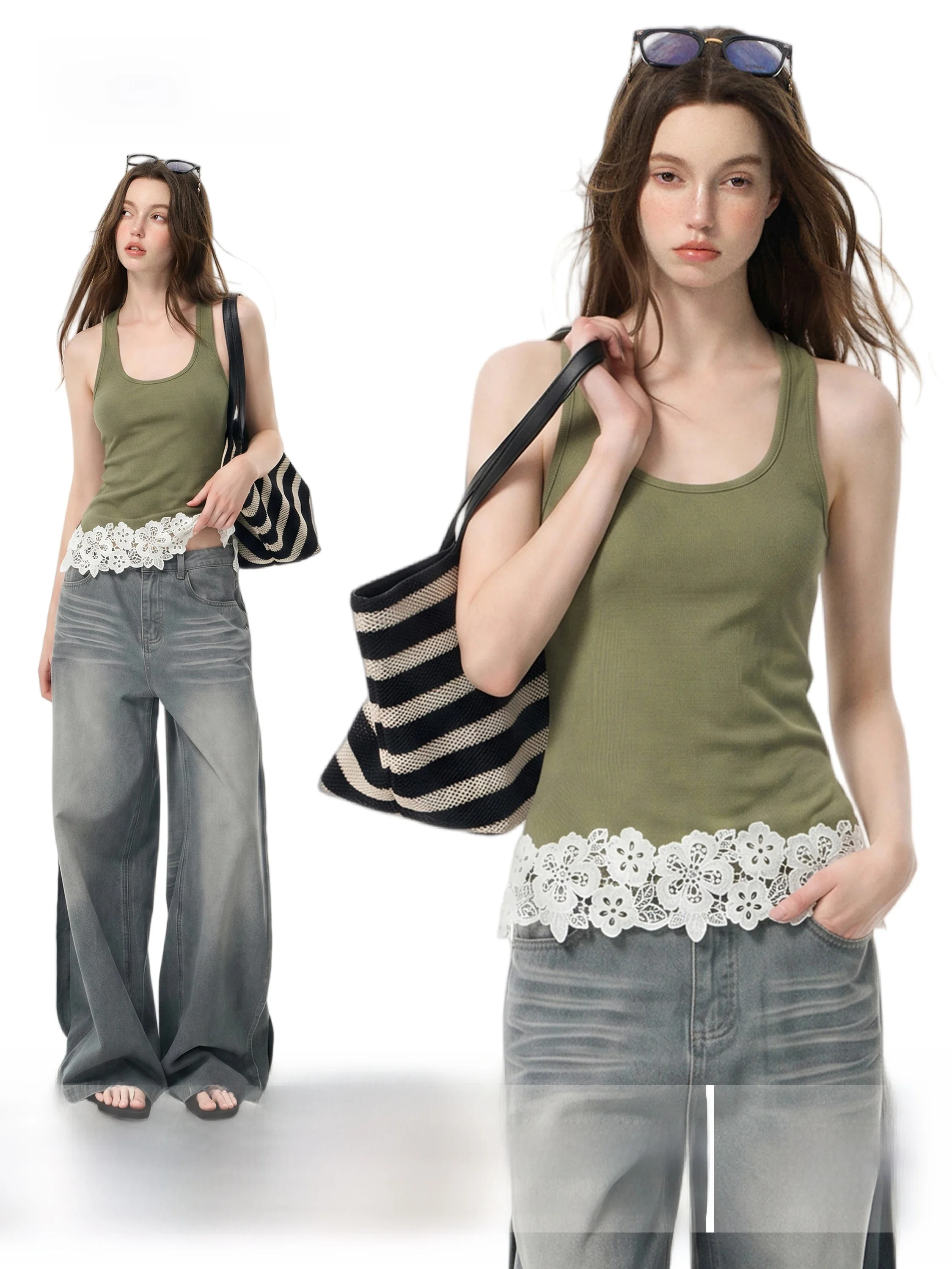 Green Square Collar Lace Trim Short Sleeveless Vest Women's Summer New Style High Grade Design Sense Camisole Tank Top