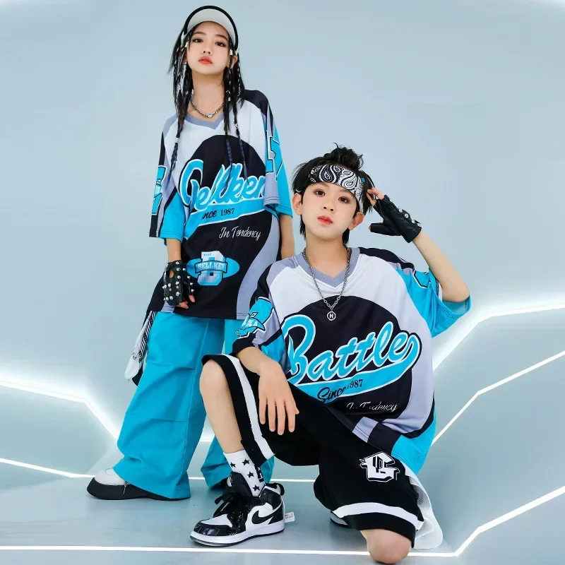 New Summer Teens Loose Blue T-Shirt Pants Black Shorts Boys Hip Hop Outfits Modern Jazz Dance Costume Girl Kpop Performance Wear image 2