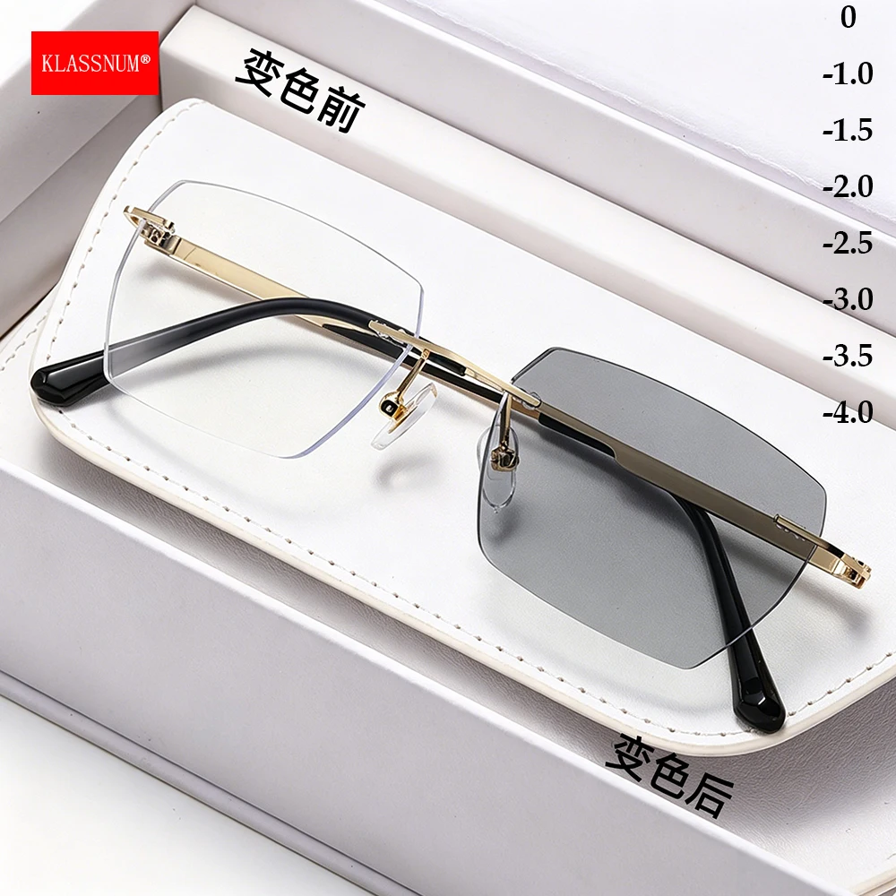 KLASSNUM Men Rimless Minus Myopia Glasses Classic Cut Edge Photochromic Lens Optical Eyepiece 0 -1.0-1.5-2.0-2.5-3.0-3.5-4.0