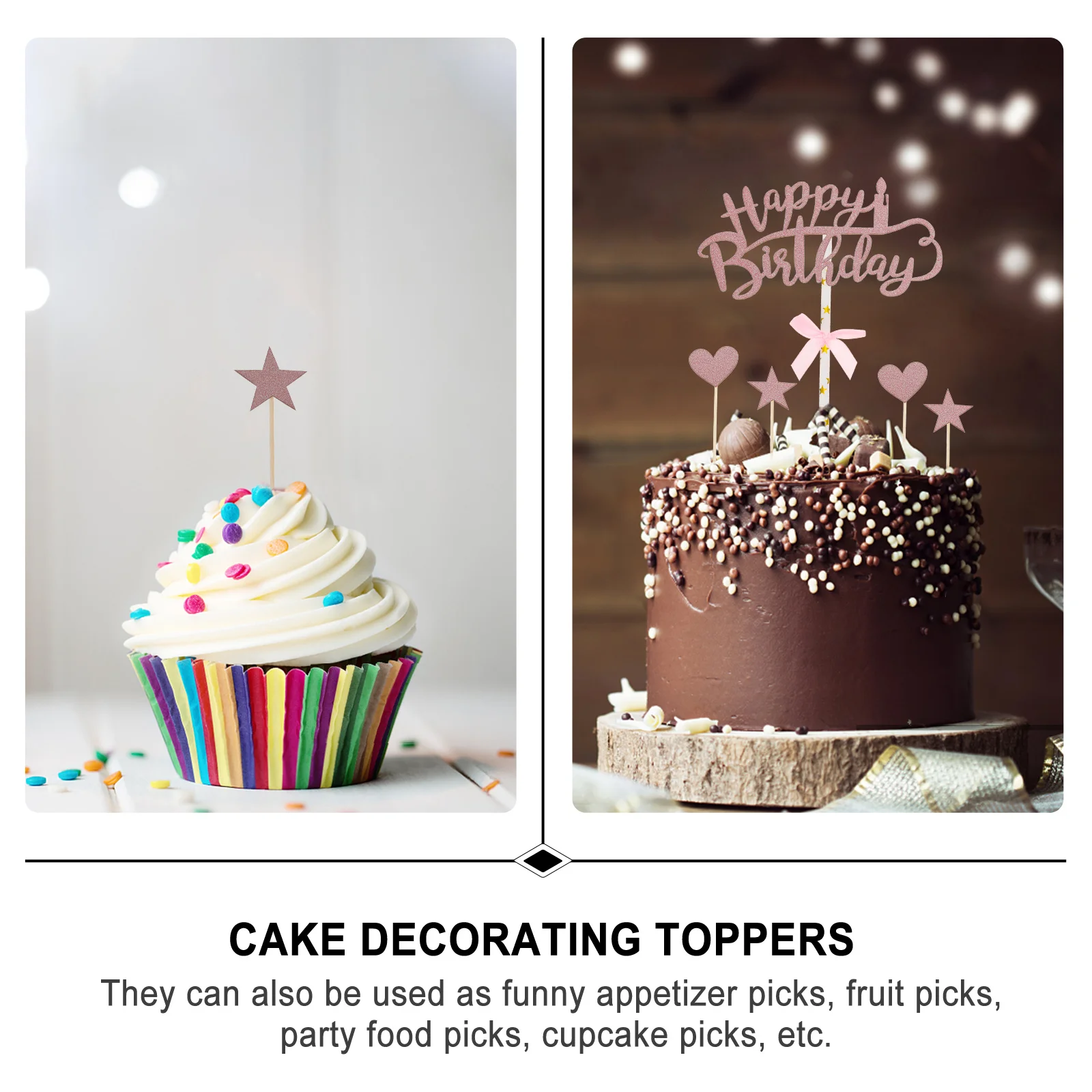 

32pcs Cake Topper Set Star Heart Happy Birthday Design Premium Paper Wooden Material Cake Decor Supplies Cupcake Inserted Cards