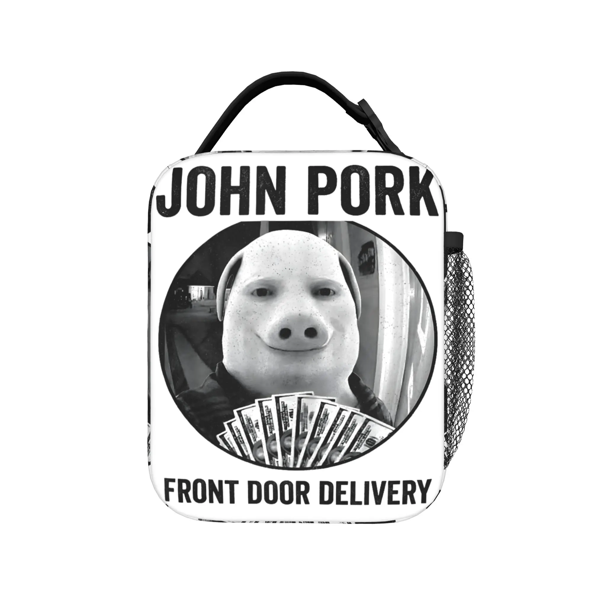 John Pork Front Door Delivery Meme Pig Man Holding Money Art Lunch Bag Lunch Box Travel Convenient Thermal Tote Handbags