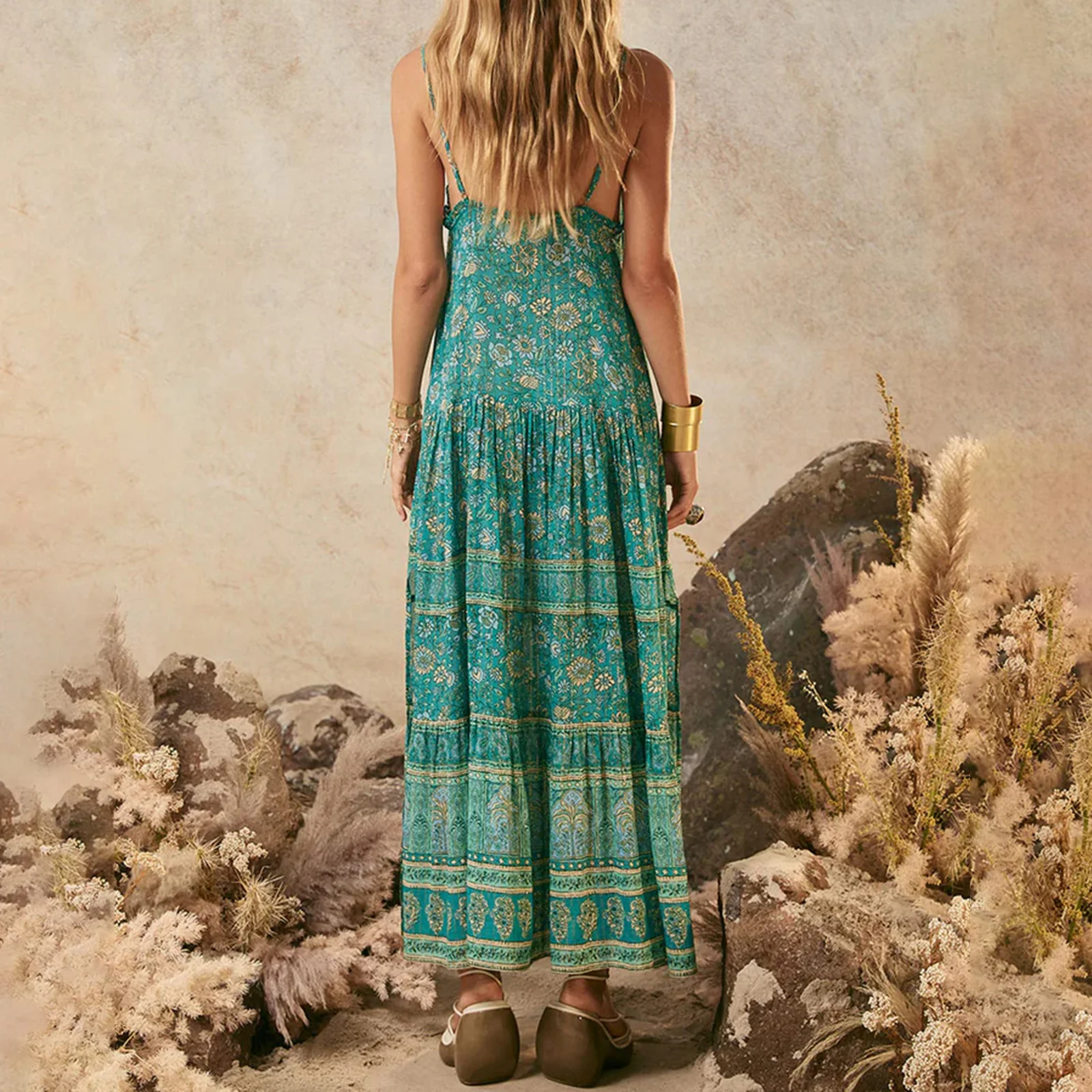 Women Spaghetti Strap Dress Boho Floral Print V-Neck Long Flowy Dress For Beach Vacation Summer Party Daily Wear Streetwear