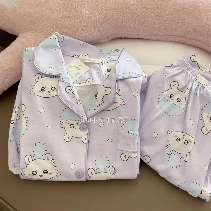 

MINISO Chiikawa Anime Usagi Hachiware Pajamas Cute Female Autumn Long Sleeves Anime Trousers Student Home Clothing Set Kawaii