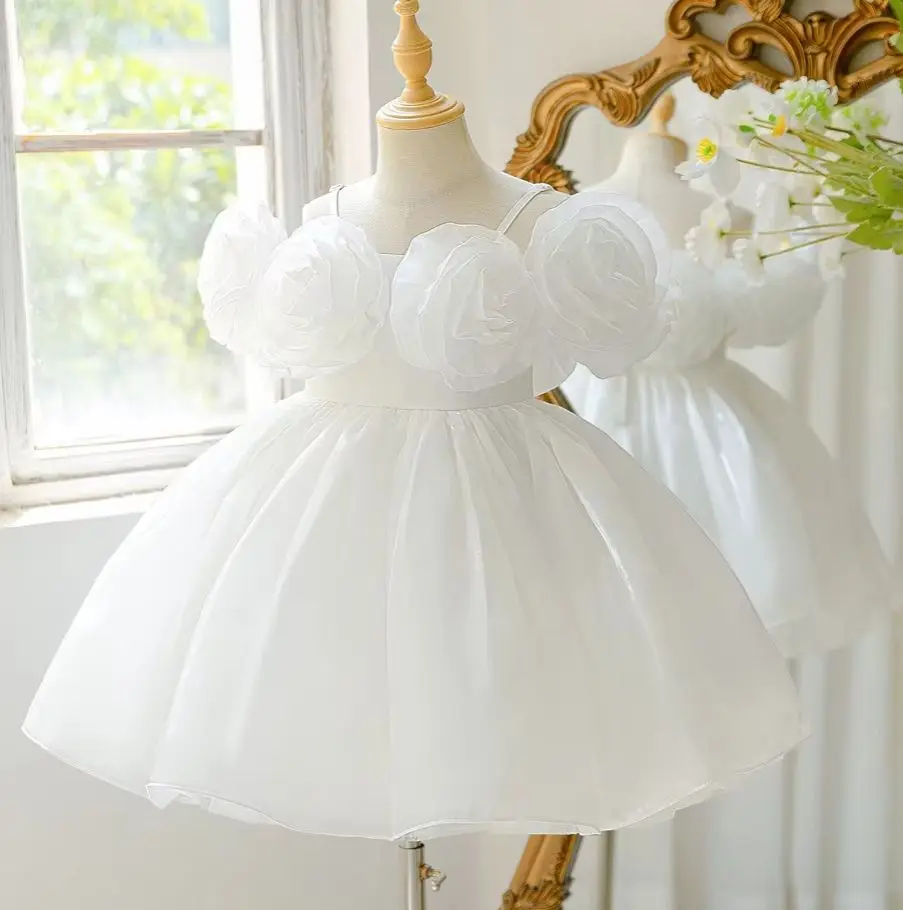 3D Flower Girls' Party Dress Girl Solid White Clothes Child Princess Dresses 4-8 Years