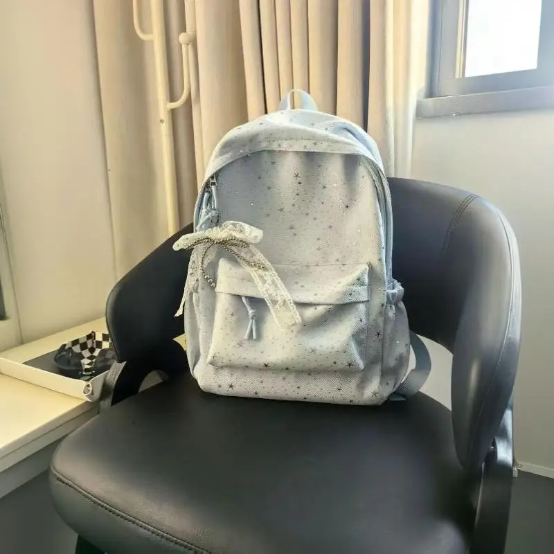 Damen-Schultaschen aus Segeltuch mit mehreren Taschen, Tagesrucksack mit Schleifenanhänger, Laptop-Rucksäcke – Detail 7