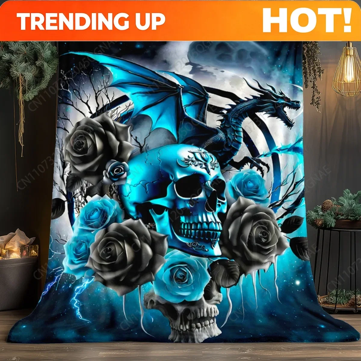 Custom 1pc Dragon And Skull HD Printed Blanket. Soft And Warm Flannel Blankets For Travel, Camping, Sofa, Livingroom, Couch, Cha
