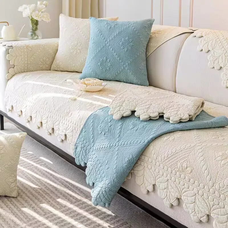 

French Retro Style Sofa Cushion Cover Washable Cotton Slip Resistant Floral Edged Decor Seat Pad Embroidery Quilting Slipcovers