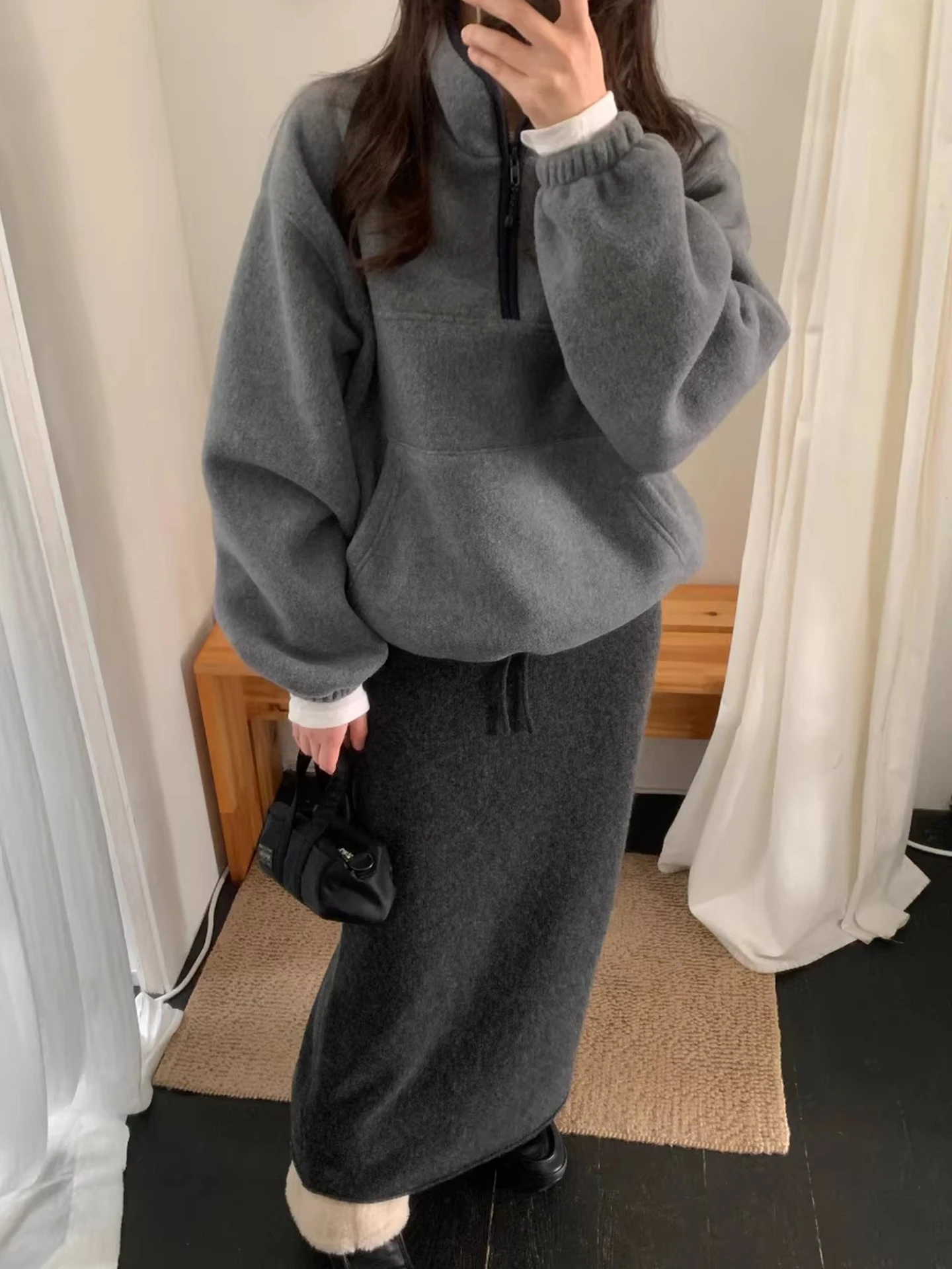 Sweat à capuche Double face Fce pour femme, ample, décontracté, Long, Sve, col montant, fermeture éclair f, automne hiver