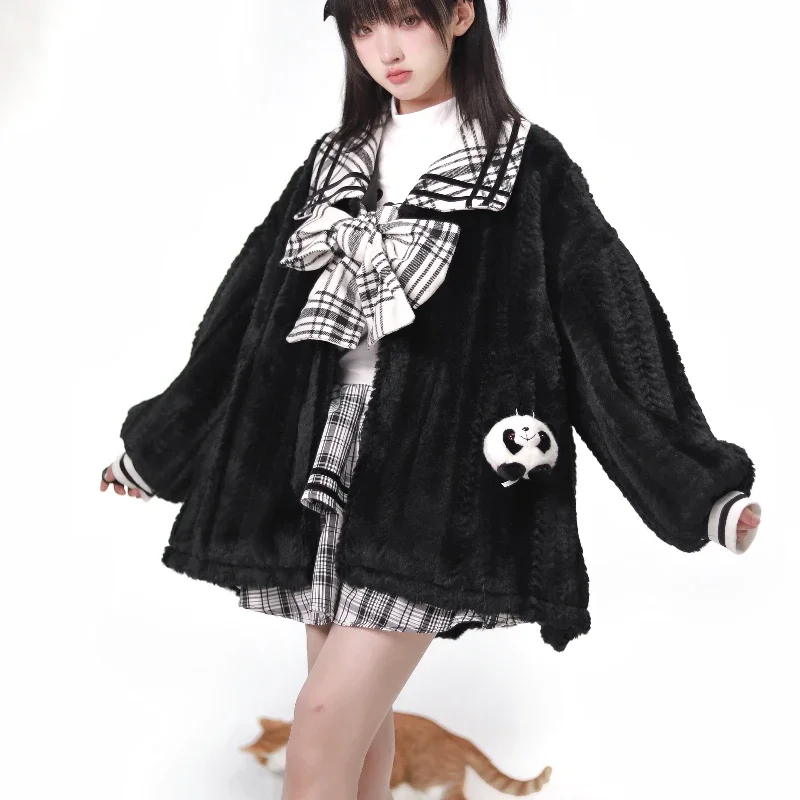 Winter Women's Cute Panda Doll Decorative Loose Black Fur Coat Warm Parkas High Waist Plaid Skirt Sweet Cute Skirt Set Outfits