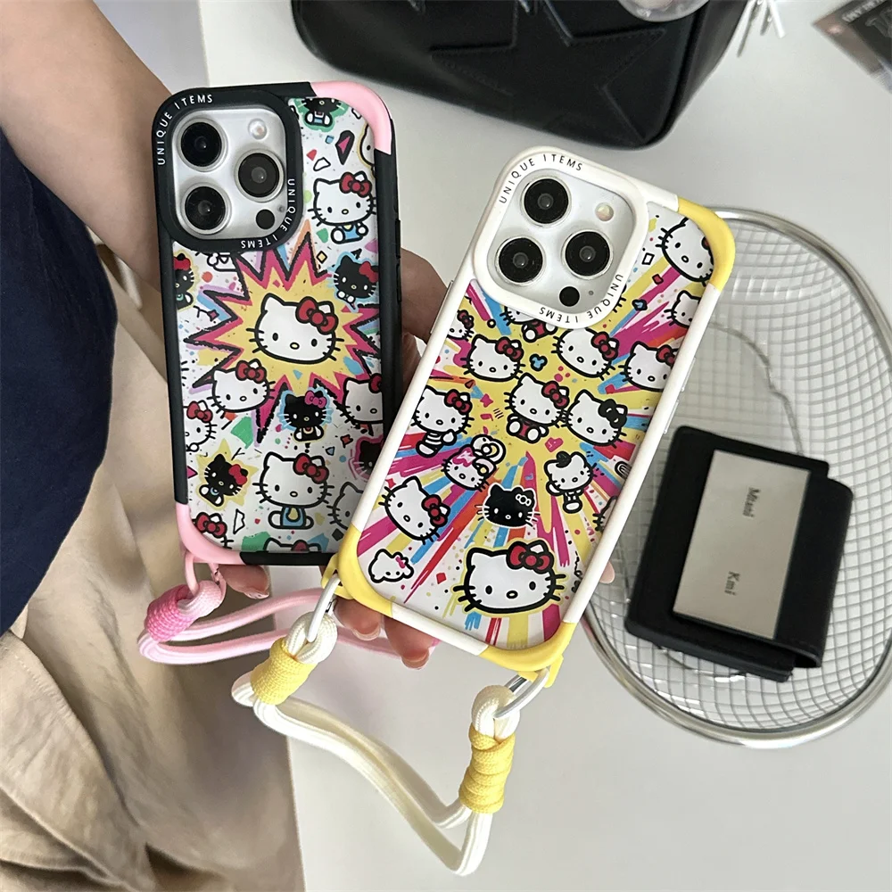 

Korean Funny Lovely Hello Kitty WIth Chain Phone Case For iPhone 16 15 14 13 Pro Max Luxury Fashion Anti-fall Shockproof cover