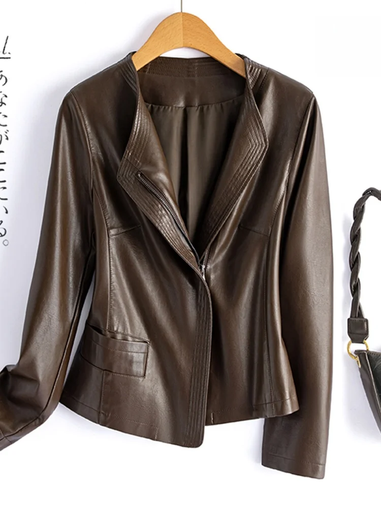 Giacca da motociclista in vera pelle da donna, cappotto in pelle di pecora, nuovo modello primavera autunno, slim fit, manica lunga, con cerniera, ideale per il pendolarismo.